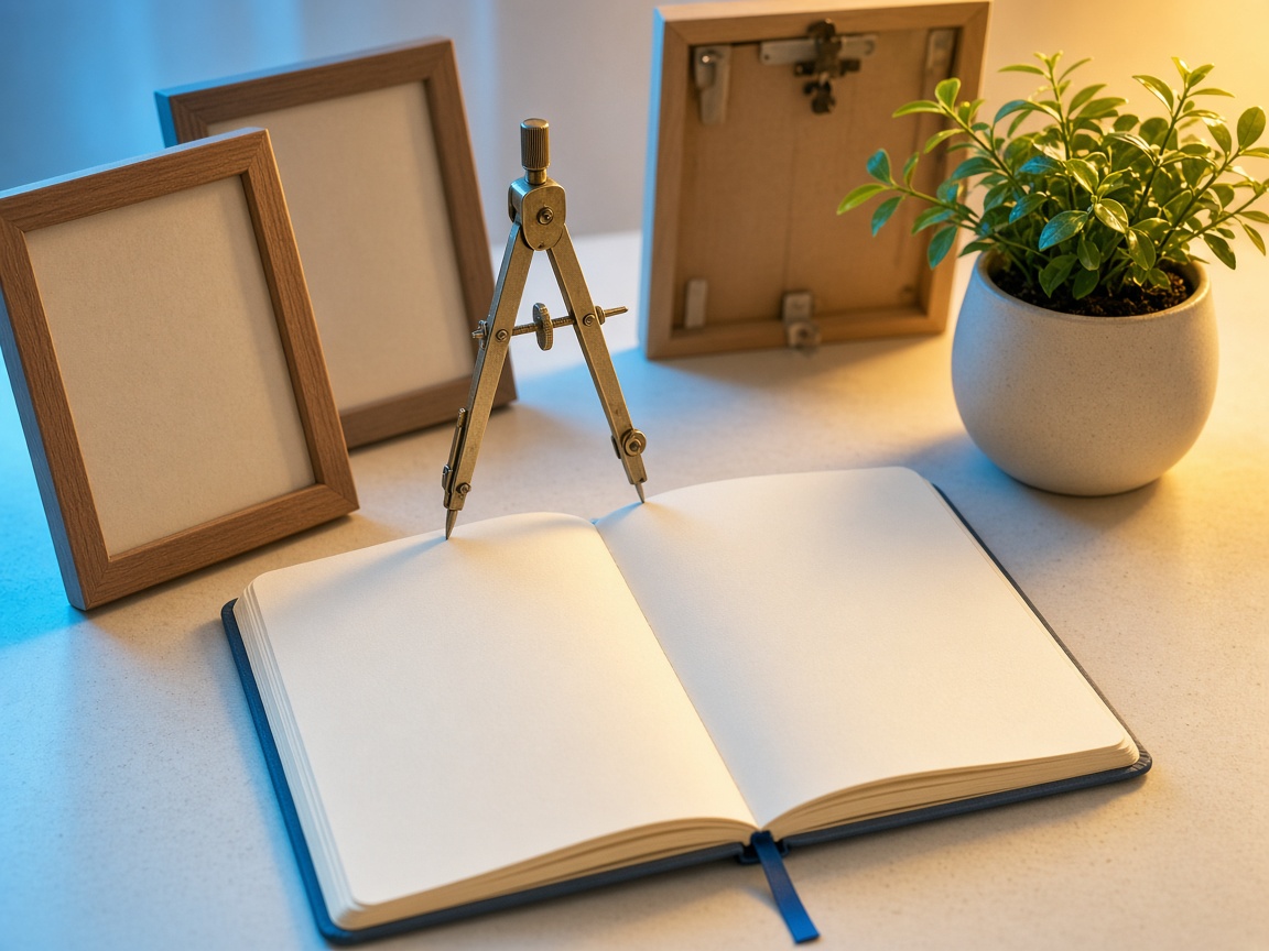 A quiet desk with an open notebook, compass and empty frames