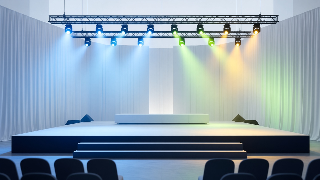 An empty stage lit in blue, green and gold
